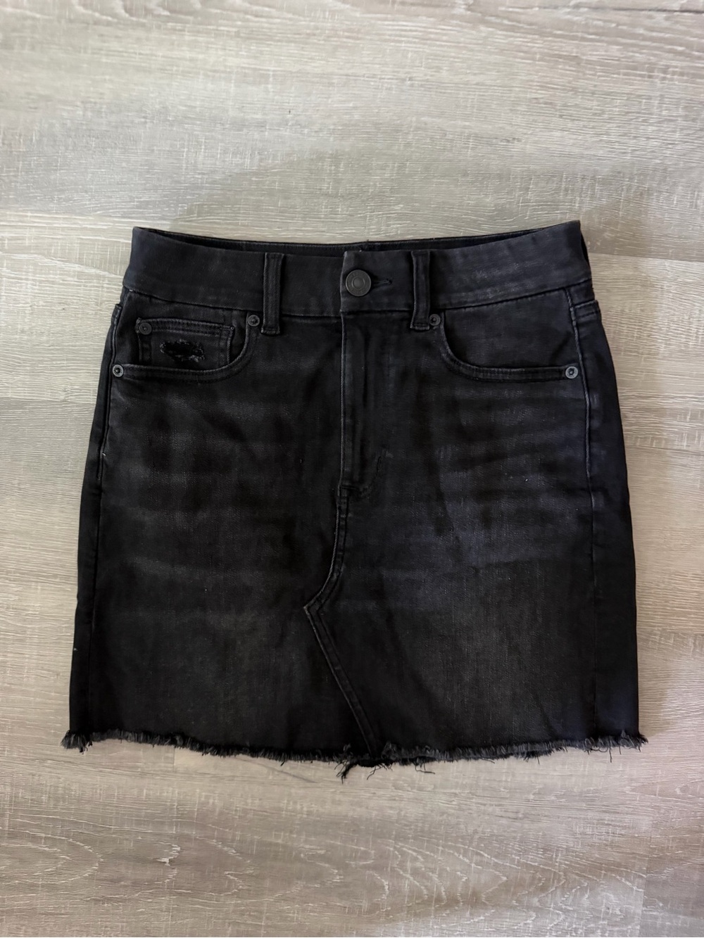 American Eagle Outfitters Black Denim Mini Skirt with Frayed Hem